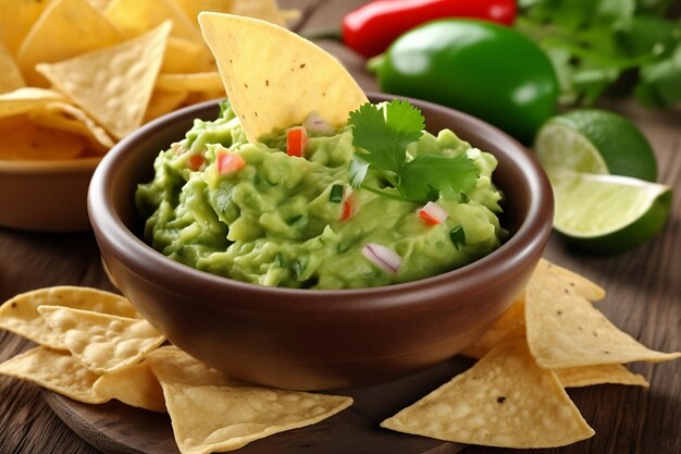 Een kom guacamole met chips erbij