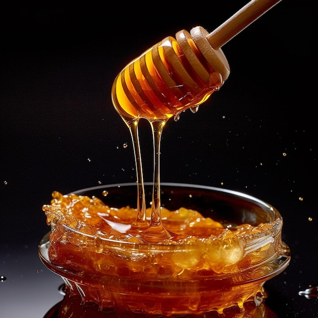 Een kom honing is gevuld met honing en op de zijkant staat het woord honing.