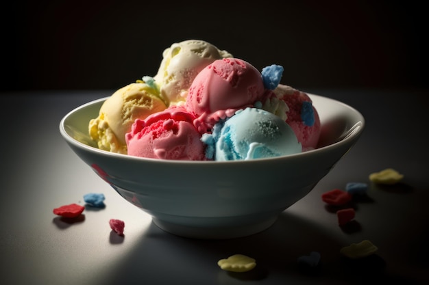 Een kom ijs met kleurrijke snoepjes op tafel.