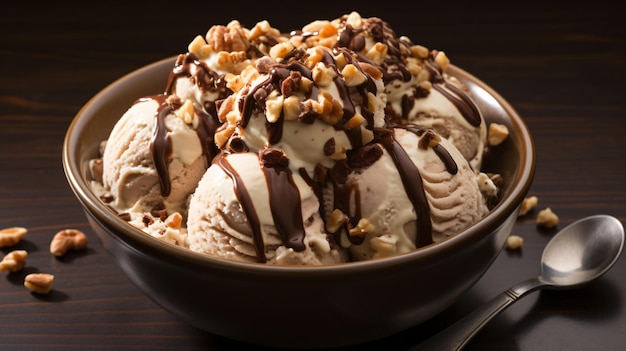 Een kom ijsje met chocolade en nootjes