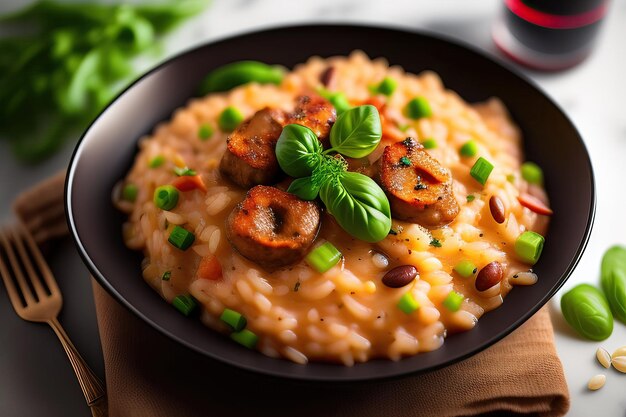 Een kom Italiaanse risotto met worstjes en rijst