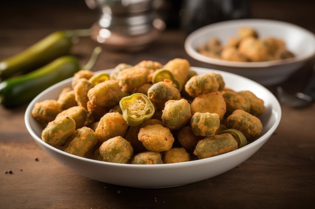 Een kom jalapenopepers staat op een tafel naast een kom jalapenopepers.