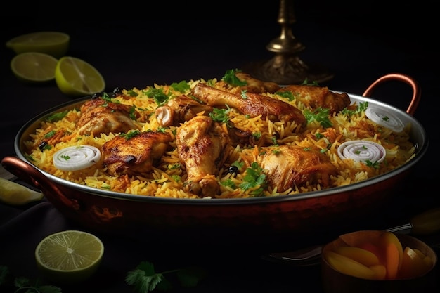 Een kom kip biryani met een kom eten op tafel