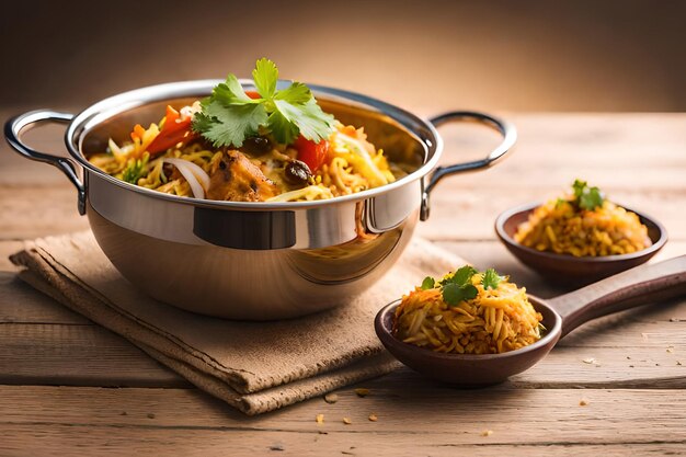 Een kom kip biryani met twee kleine kommen eten op een tafel.