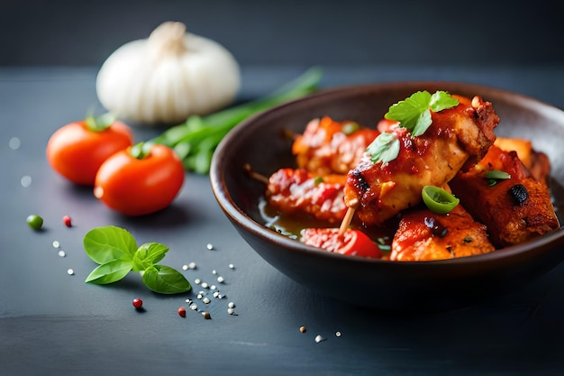 Een kom kip met tomaten en basilicum op een donkere achtergrond.