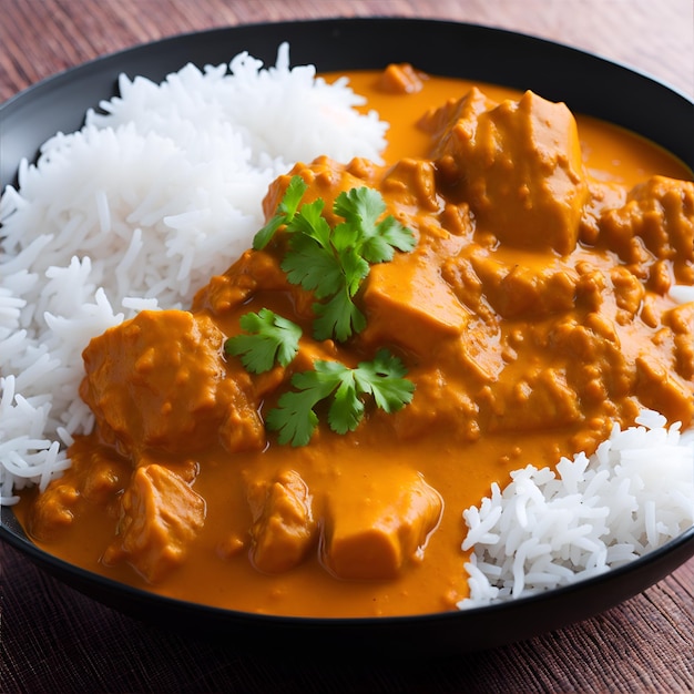 Een kom kipcurry met rijst op een houten tafel.