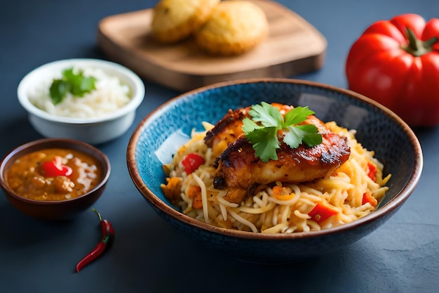 Een kom kippenspaghetti met rijst en tomatensaus.