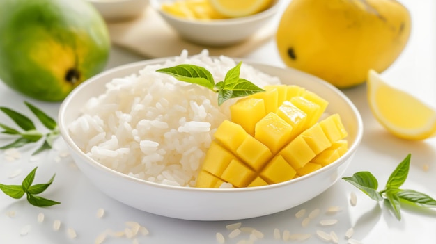 Een kom kleverige rijst met mango-snijden en basilicumbladeren is een traditioneel Thais dessert