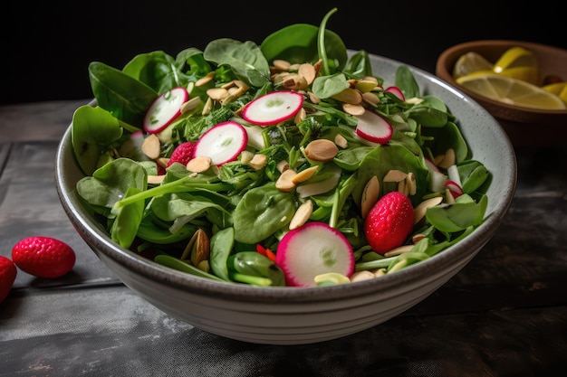 Een kom knapperige salade gegarneerd met radijsjes, zonnebloempitten en een scheutje citroen