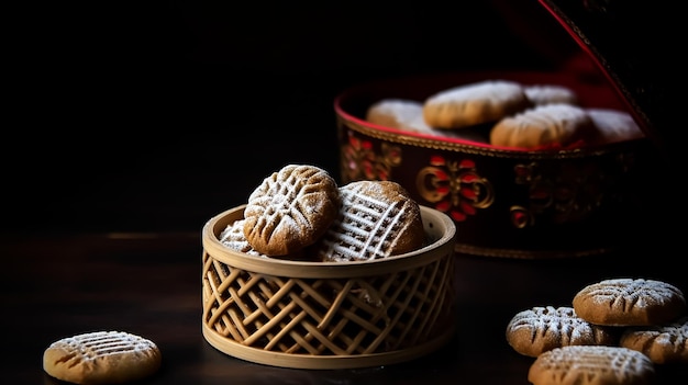 Een kom koekjes met een rode doos op de achtergrond