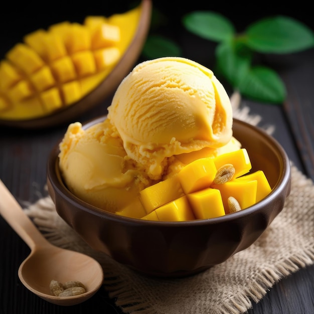 Een kom mango-ijs met een lepel op een houten tafel.