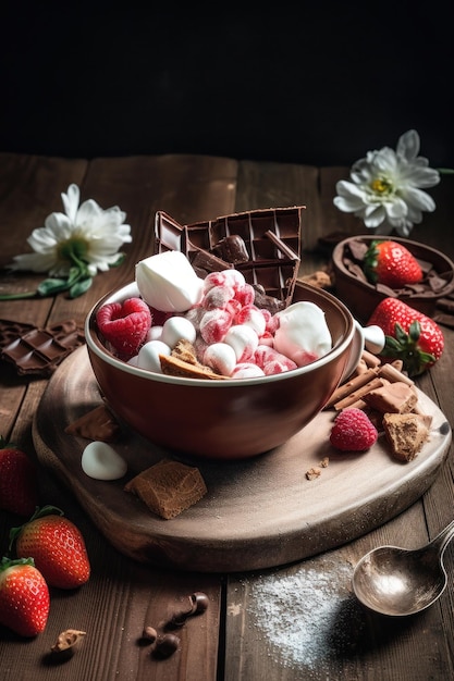 Een kom marshmallows en chocolade op een houten bord
