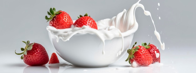 Een kom melk of yoghurt met aardbeien op een witte plonsachtergrond Generatieve AI