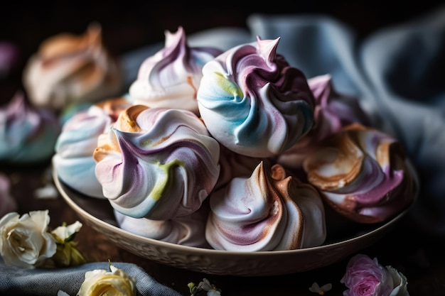 Een kom meringue met een bloem op de zijkant