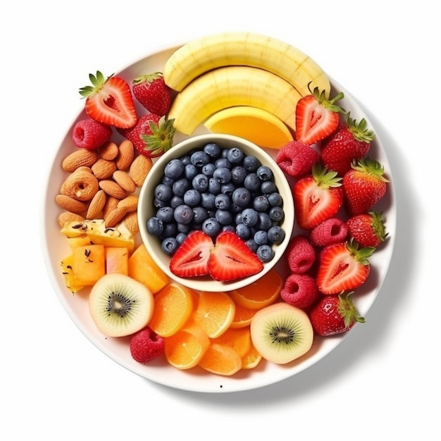 Een kom met fruit wordt getoond met een kom met fruit.