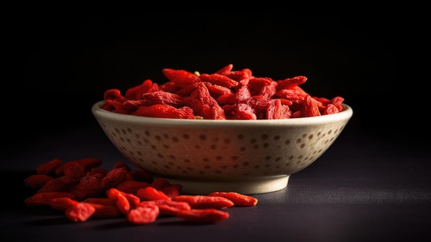Een kom met rode gedroogd fruit snacks met een zwarte achtergrond.