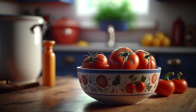 Foto een kom met verse tomaten op tafel generatieve ai