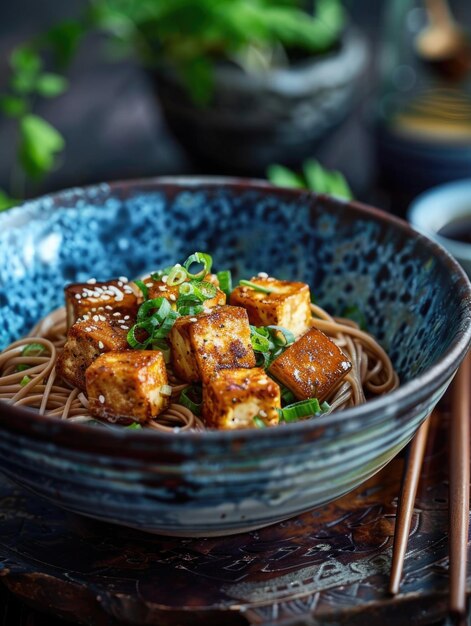 Foto een kom noedels met tofu en groenten.