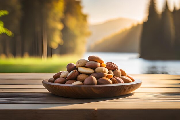 Een kom noten staat op een tafel met daarachter de ondergaande zon.