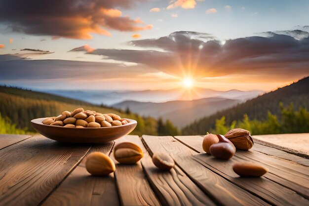 Een kom noten staat op een tafel met een zonsondergang op de achtergrond.