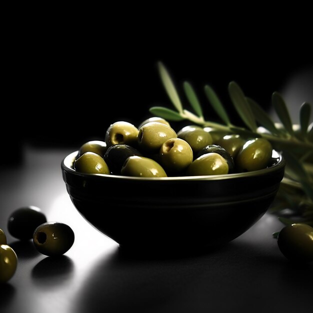 Een kom olijven met olijven op tafel.