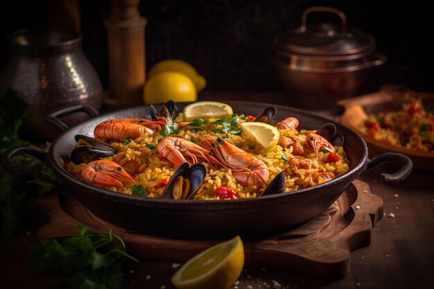 Een kom paella met zeevruchten en citroenen op een houten tafel.