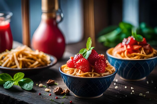 Foto een kom pasta met aardbeien en een fles ketchup.