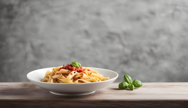 een kom pasta met basilicum aan de zijkant