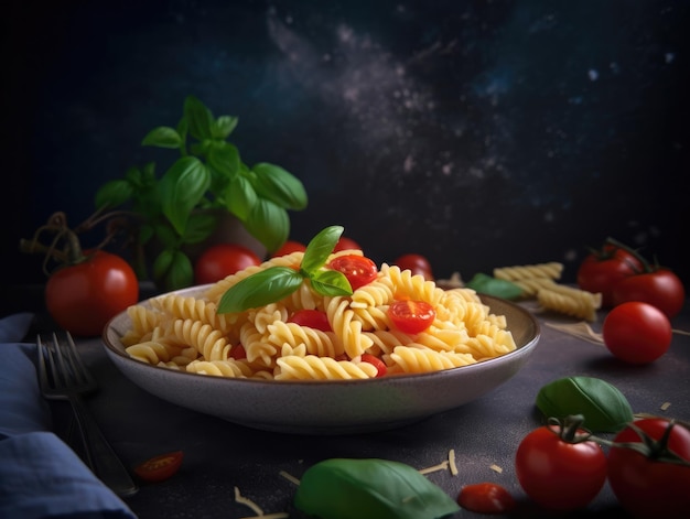 Een kom pasta met basilicumblaadjes en tomaten op tafel.