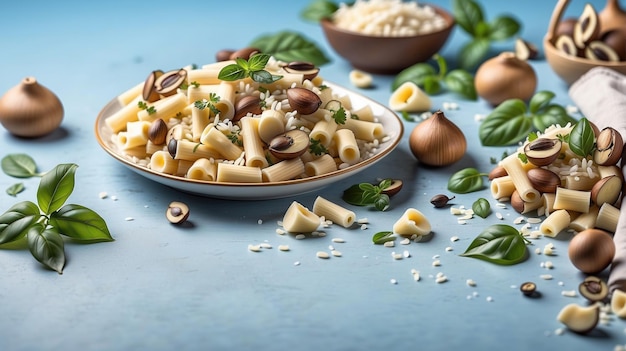 een kom pasta met een bos knoflook en peterselie op een blauw oppervlak