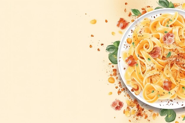 Een kom pasta met een gele achtergrond waarop 'pasta' staat