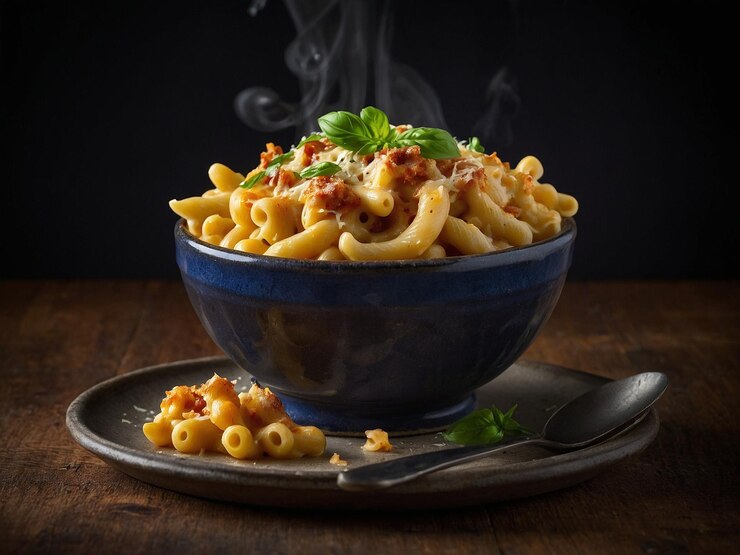 een kom pasta met een lepel en een lepel met een leep erin
