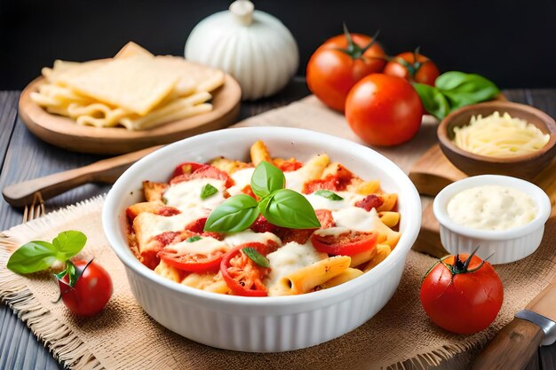 een kom pasta met kaas en tomaten op tafel.