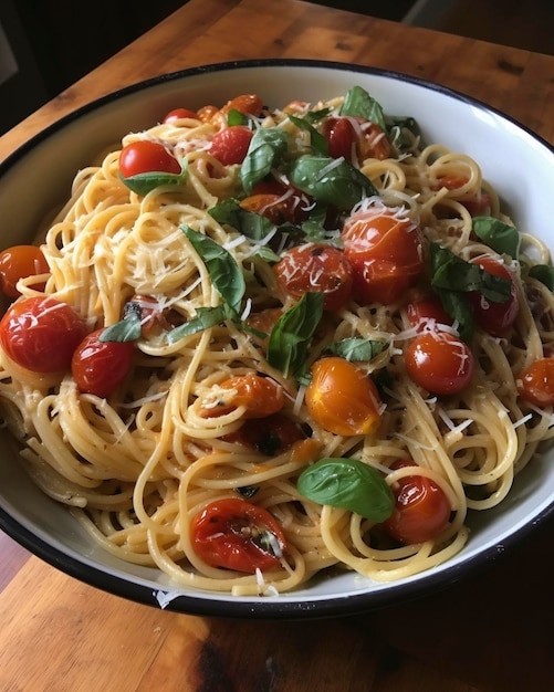 Een kom pasta met kerstomaatjes en basilicum