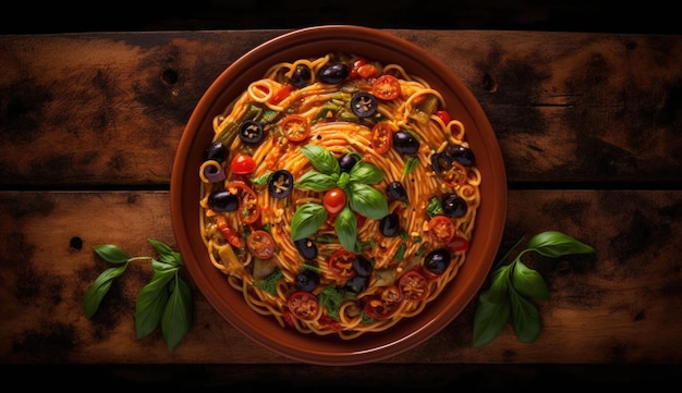 Een kom pasta met olijven en olijven op een houten tafel