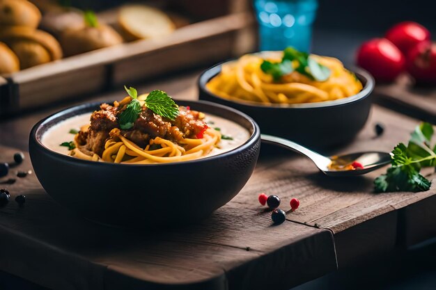 een kom pasta met pasta en een lepel op een tafel