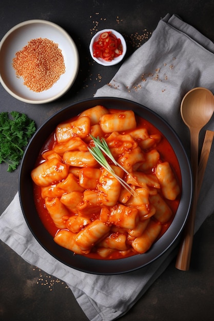 Een kom pasta met rode saus en peterselie op tafel.