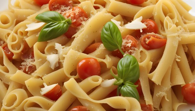 een kom pasta met tomaten en basilicum erop