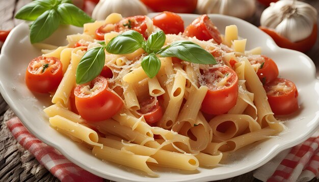 een kom pasta met tomaten en basilicum erop