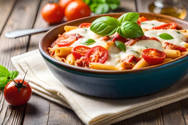 Een kom pasta met tomaten en basilicum op een houten tafel