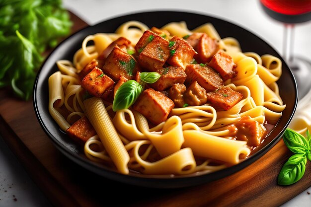 Een kom pasta met vlees en saus