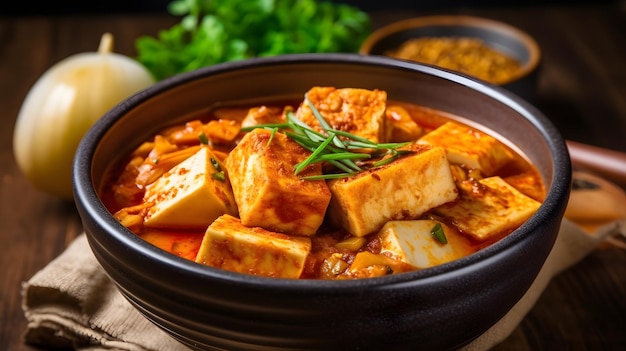 Een kom pittige en hartige kimchi-stoofpot met tofu en groenten Generative AI