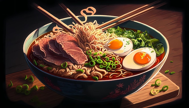 Een kom pittige ramen noedels digitale kunst illustratie