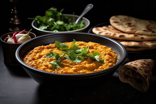 Foto een kom pittige rode linzen-dahl met naanbrood