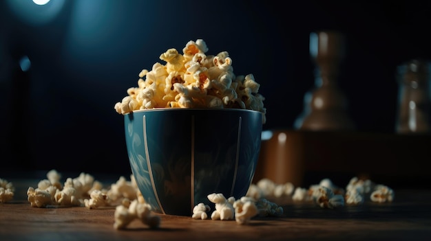 Een kom popcorn met een donkere achtergrond