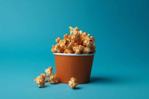 Een kom popcorn op een blauwe achtergrond