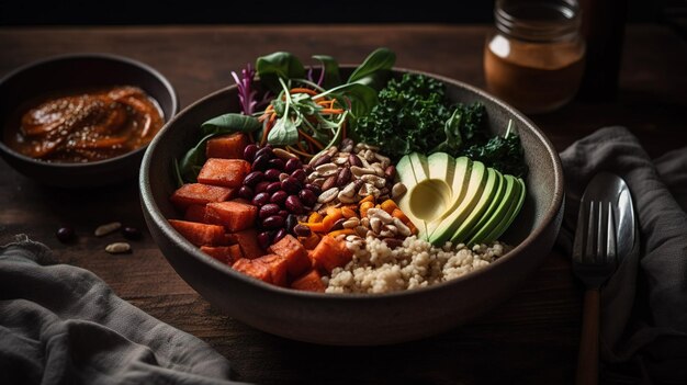 Een kom quinoa, avocado en quinoa met een kant van bruine rijst.