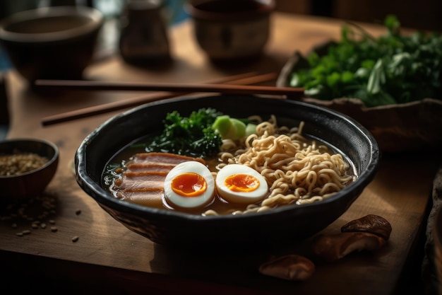 Een kom ramen met een groen blad erop.