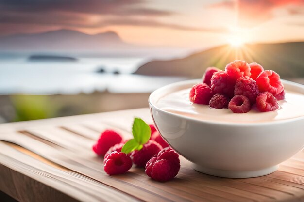 Een kom raspberry yoghurt met een zonsondergang op de achtergrond.