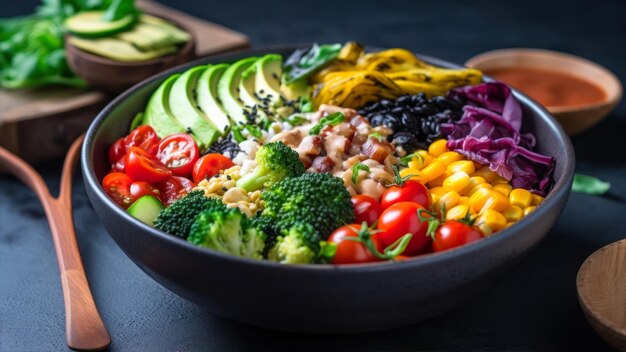 Een kom regenboogsalade met avocado, avocado en maïs.